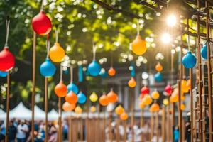 bunt Luftballons hängend von ein hölzern Zaun. KI-generiert foto