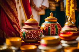 indisch Hochzeit Zeremonie mit bunt Töpfe. KI-generiert foto