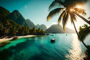 ein tropisch Strand mit Palme Bäume und Boote. KI-generiert foto