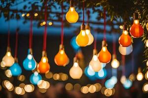 bunt Licht Glühbirnen hängend von ein Baum. KI-generiert foto