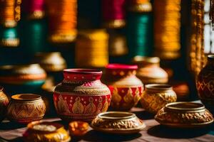indisch Keramik auf Anzeige im ein Geschäft. KI-generiert foto