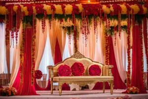ein indisch Hochzeit Bühne mit rot und Gold Dekorationen. KI-generiert foto