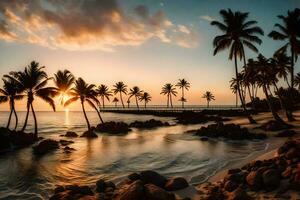 das Sonne setzt Über das Ozean und Palme Bäume. KI-generiert foto