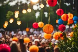 viele bunt Papier Laternen hängend von Bäume. KI-generiert foto