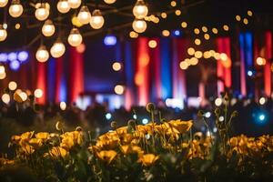 Gelb Blumen im Vorderseite von ein groß Menge von Personen. KI-generiert foto