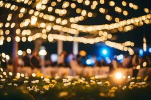 ein Hochzeit Rezeption mit Beleuchtung und Blumen. KI-generiert foto