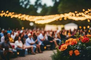 ein Menge von Menschen beim ein draussen Hochzeit. KI-generiert foto