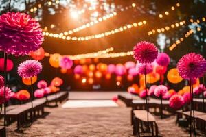 Rosa und Orange Blumen sind einstellen oben im ein Feld. KI-generiert foto