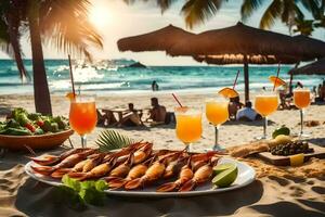 ein Tabelle mit Garnele, Getränke und Obst auf das Strand. KI-generiert foto