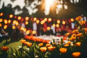 Orange Tulpen im das Sonne mit Zeichenfolge Beleuchtung. KI-generiert foto