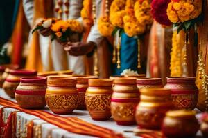 indisch Hochzeit Zeremonie mit bunt Töpfe und Blumen. KI-generiert foto