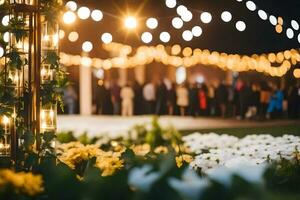 ein Gruppe von Menschen Stehen im Vorderseite von ein Garten mit Beleuchtung. KI-generiert foto