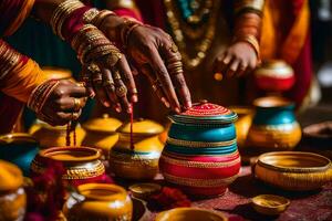 indisch Hochzeit Zeremonie mit bunt Töpfe. KI-generiert foto