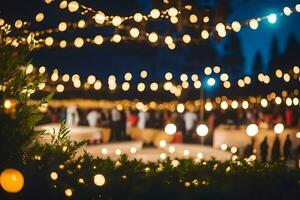 ein Hochzeit Rezeption mit Beleuchtung und Bäume. KI-generiert foto