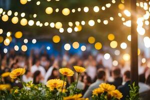 Gelb Blumen im Vorderseite von ein Menge von Personen. KI-generiert foto