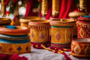 indisch Hochzeit Dekor mit bunt Töpfe und Schalen. KI-generiert foto