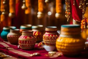 indisch Hochzeit Dekor mit bunt Töpfe und Vasen. KI-generiert foto