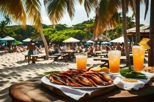 ein Tabelle mit Essen und Getränke auf das Strand. KI-generiert foto