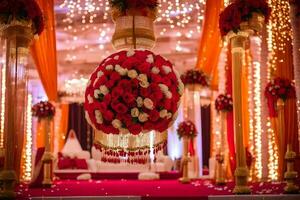 ein Hochzeit Bühne dekoriert mit rot und Weiß Blumen. KI-generiert foto