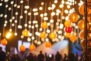 viele Orange und Gelb Laternen hängen von das Decke. KI-generiert foto