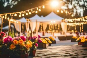 ein Hochzeit Zeremonie mit Blumen und Beleuchtung. KI-generiert foto