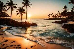 das Sonne setzt auf das Strand im das Pazifik. KI-generiert foto