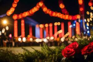 rot Rosen sind im Vorderseite von ein groß Menge von Personen. KI-generiert foto