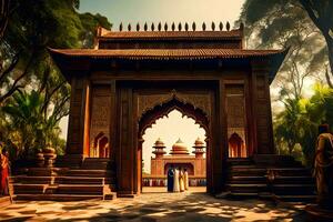 das Eingang zu ein Tempel im das Mitte von ein Park. KI-generiert foto