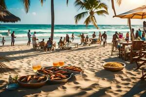 ein Strand mit Essen und Getränke auf Es. KI-generiert foto