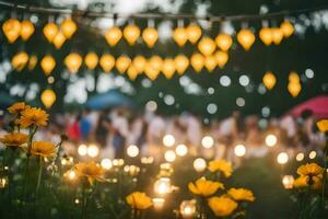 Gelb Blumen und Kerzen im das Gras. KI-generiert foto