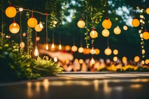 ein Hochzeit Zeremonie mit hängend Beleuchtung und Grün. KI-generiert foto