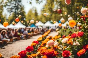 ein Blume Garten mit Menschen Sitzung im das Mitte. KI-generiert foto