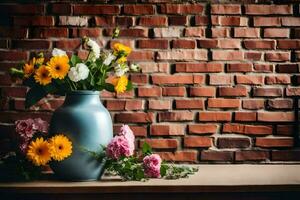 ein Vase mit Blumen auf ein Tabelle im Vorderseite von ein Backstein Mauer. KI-generiert foto