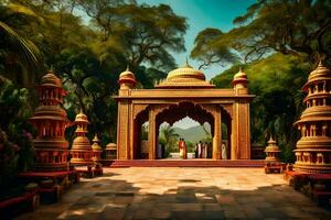 ein indisch Tempel im das Mitte von ein Park. KI-generiert foto