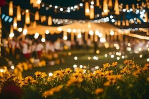 Gelb Blumen und Kerzen im das Gras beim Nacht. KI-generiert foto