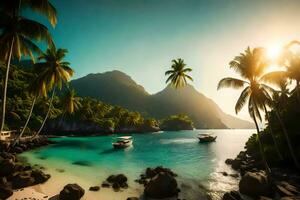 ein tropisch Strand mit Palme Bäume und Boote. KI-generiert foto