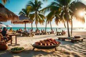 ein Strand mit ein Grill und Menschen Sitzung auf das Sand. KI-generiert foto