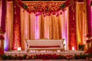 ein indisch Hochzeit Bühne dekoriert mit rot und Rosa Blumen. KI-generiert foto