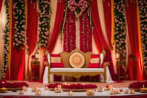 ein Hochzeit Bühne dekoriert mit rot und Gold Blumen. KI-generiert foto