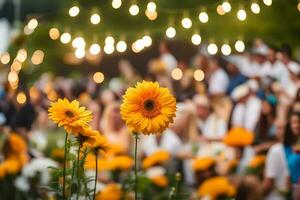 ein Gruppe von Menschen sind Stehen im Vorderseite von ein groß Gruppe von Gelb Blumen. KI-generiert foto