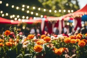 ein Blume Garten mit rot Zelte und Orange Blumen. KI-generiert foto