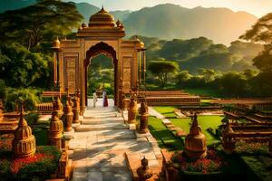 das Eingang zu ein Garten mit ein Tempel im das Hintergrund. KI-generiert foto