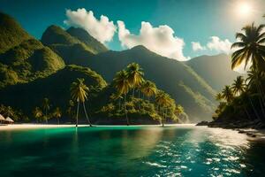 das Sonne scheint Über ein tropisch Strand und Palme Bäume. KI-generiert foto