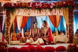 zwei indisch Frauen Sitzung auf das Fußboden im ein Hochzeit Zeremonie. KI-generiert foto