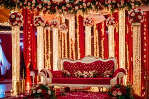 ein rot und Weiß Hochzeit Bühne dekoriert mit Blumen. KI-generiert foto