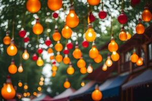 viele Orange und rot Licht Glühbirnen hängend von das Bäume. KI-generiert foto