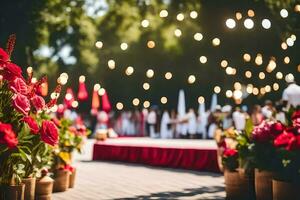 ein Hochzeit Zeremonie mit rot Blumen und Beleuchtung. KI-generiert foto