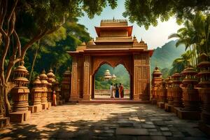 ein Tempel im das Urwald mit ein Tor und Menschen Gehen durch Es. KI-generiert foto