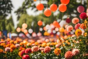 bunt Blumen im ein Feld mit Luftballons. KI-generiert foto