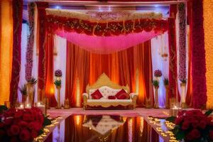 ein indisch Hochzeit Zeremonie mit rot und Gold Dekorationen. KI-generiert foto